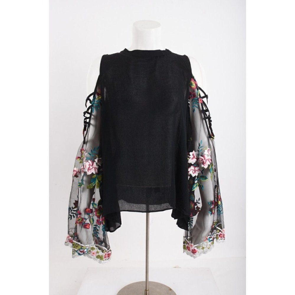 Umgee Womens Embroidered Shirt Blouse S Black Sheer Flared Long Sleeve NWT